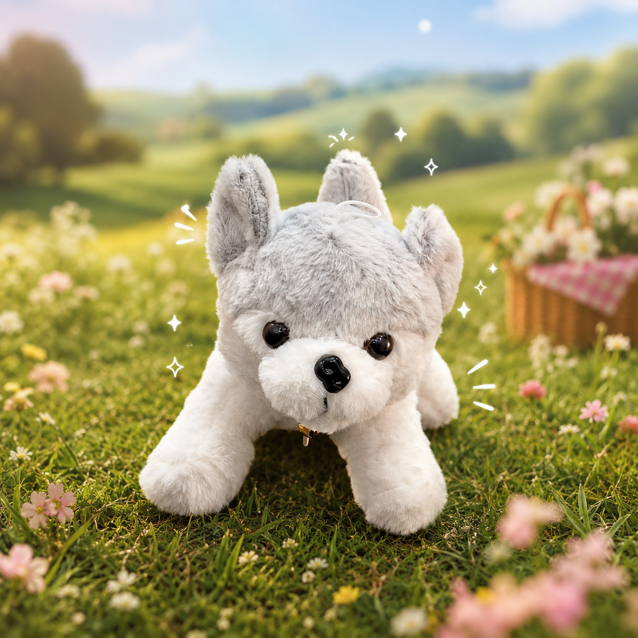 Plush toy dog sitting on a grassy field with flowers and a basket in the background