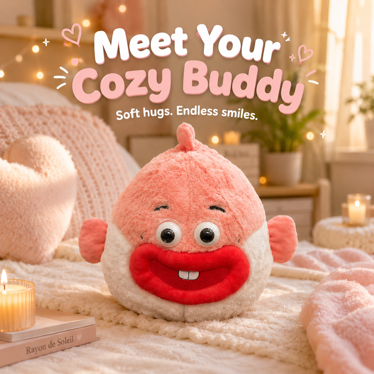 Plush toy with a smiling face on a cozy blanket with text 'Meet Your Cozy Buddy'.