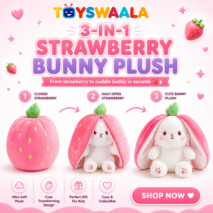 3-in-1 Strawberry Bunny Plush toy with transformation stages on a pink background, featuring the brand 'TOYSWAALA'.