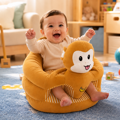 Baby sitting in a yellow monkey-shaped seat in a room with toys and furniture.