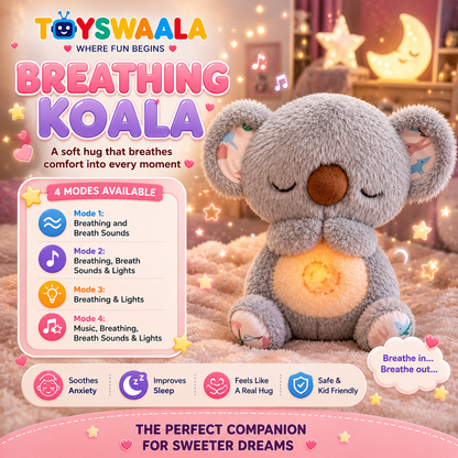 Breathing Koala toy with colorful text and features on a soft background