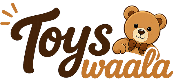 A logo-style graphic on a white background with the words 'Toys waala' in brown and tan lettering, plus a cartoon teddy bear peeking from behind the word 'waala'.