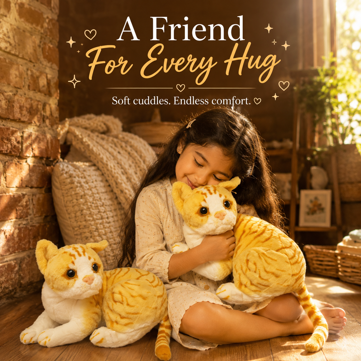 Child holding a plush cat toy with text 'A Friend For Every Hug' in a cozy room.