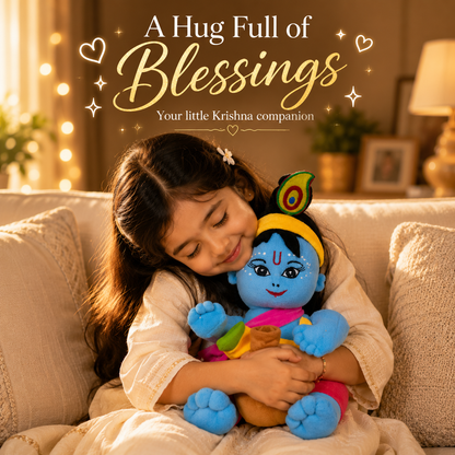 Child hugging a colorful toy with text 'A Hug Full of Blessings' in a cozy living room.
