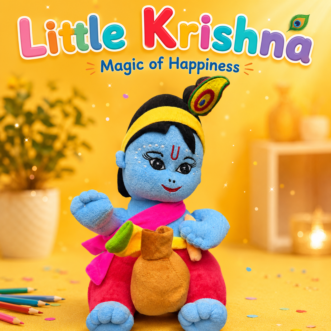 Colorful plush toy of a character from 'Little Krishna' on a yellow background with text.