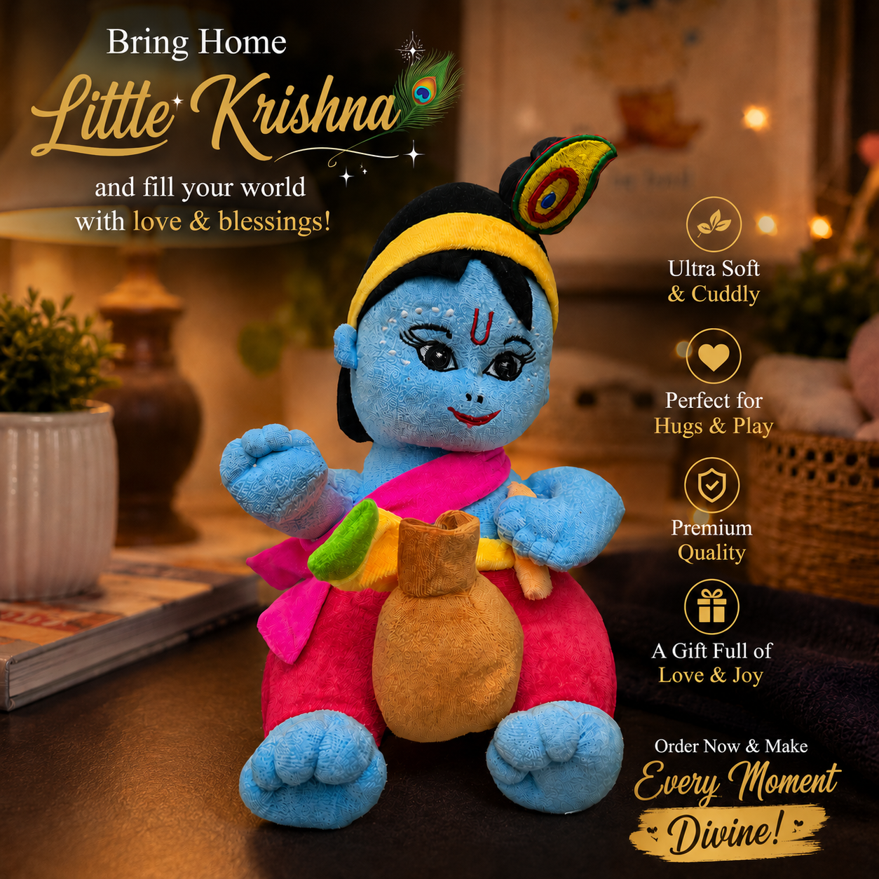 Colorful plush toy of a character from 'Little Krishna' with promotional text 
