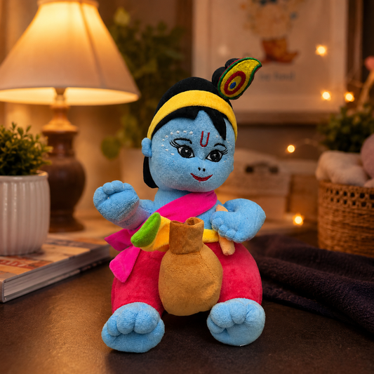 Colorful plush toy of a character with a lamp and plants in the background