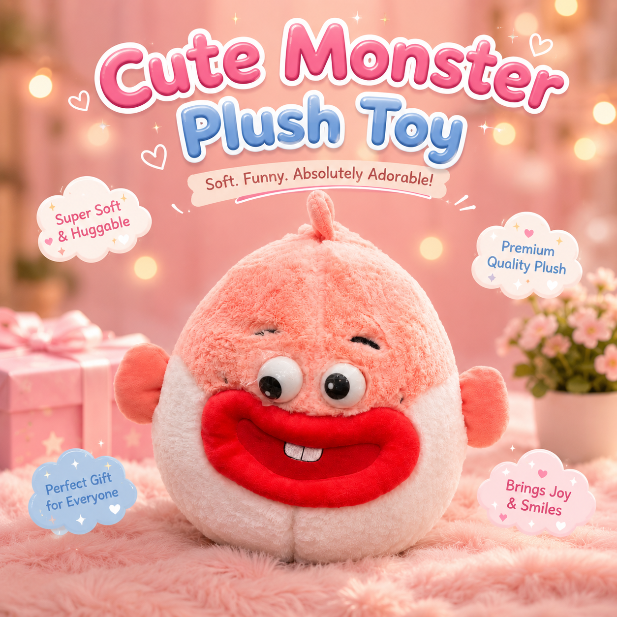 Cute monster plush toy with pink background and decorative elements