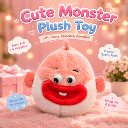 Cute monster plush toy with pink background and decorative elements