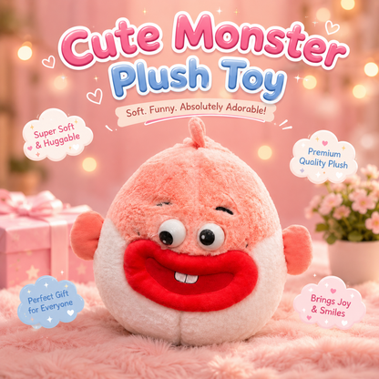 Cute monster plush toy with pink background and decorative elements