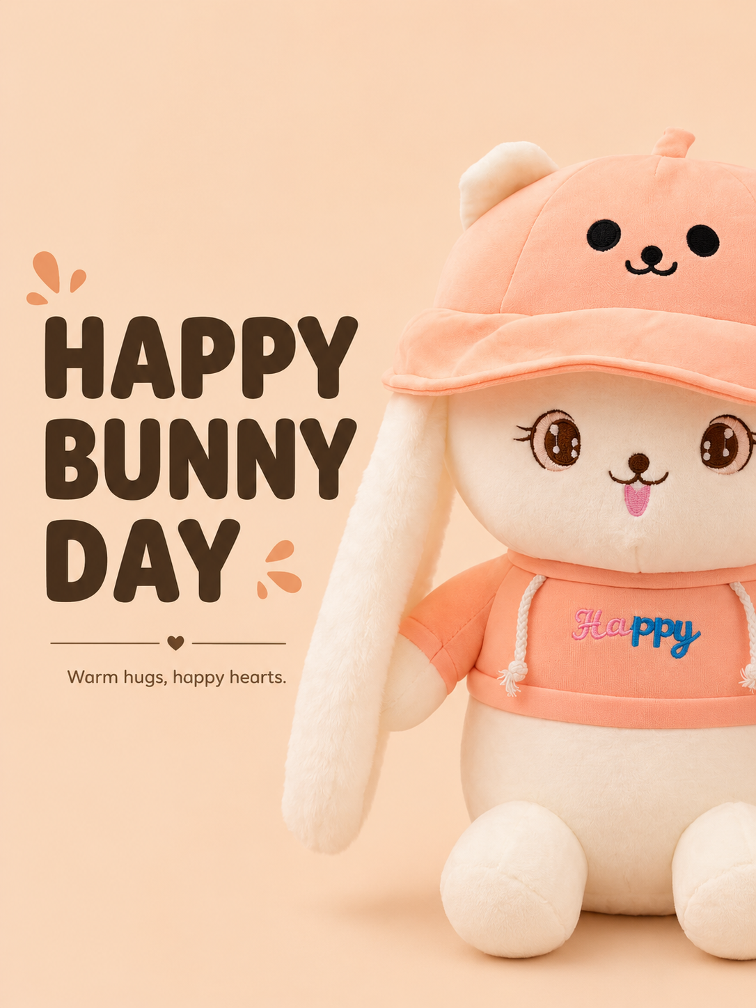 Cute plush toy with a pink cap and hoodie on a beige background with 'Happy Bunny Day' text.