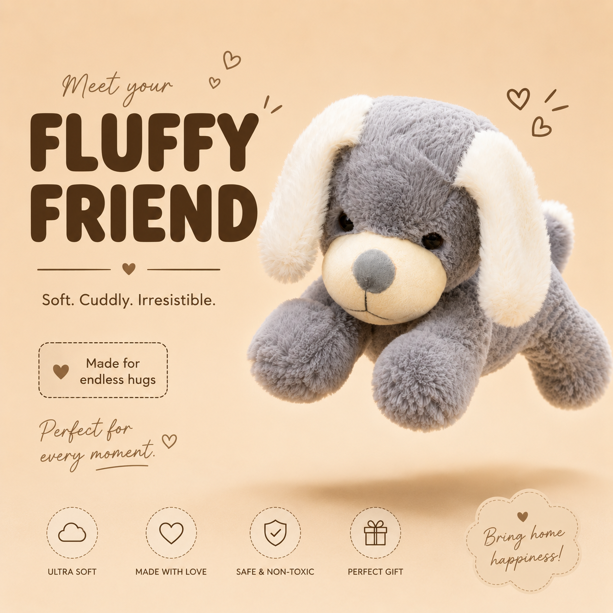 Gray plush dog toy with white accents on a beige background, featuring text about being a 'Fluffy Friend'.