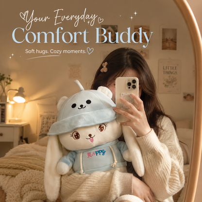 Person holding a plush toy with text 'Your Everyday Comfort Buddy' in a cozy room.