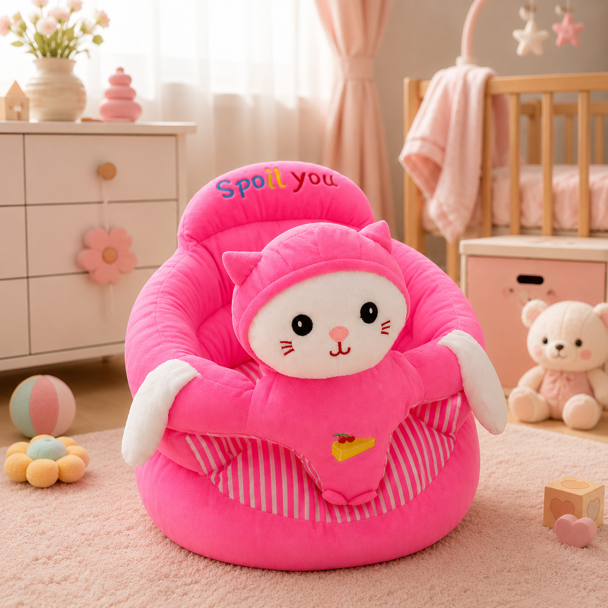 Pink cartoon chair in a child's room with toys and furniture.