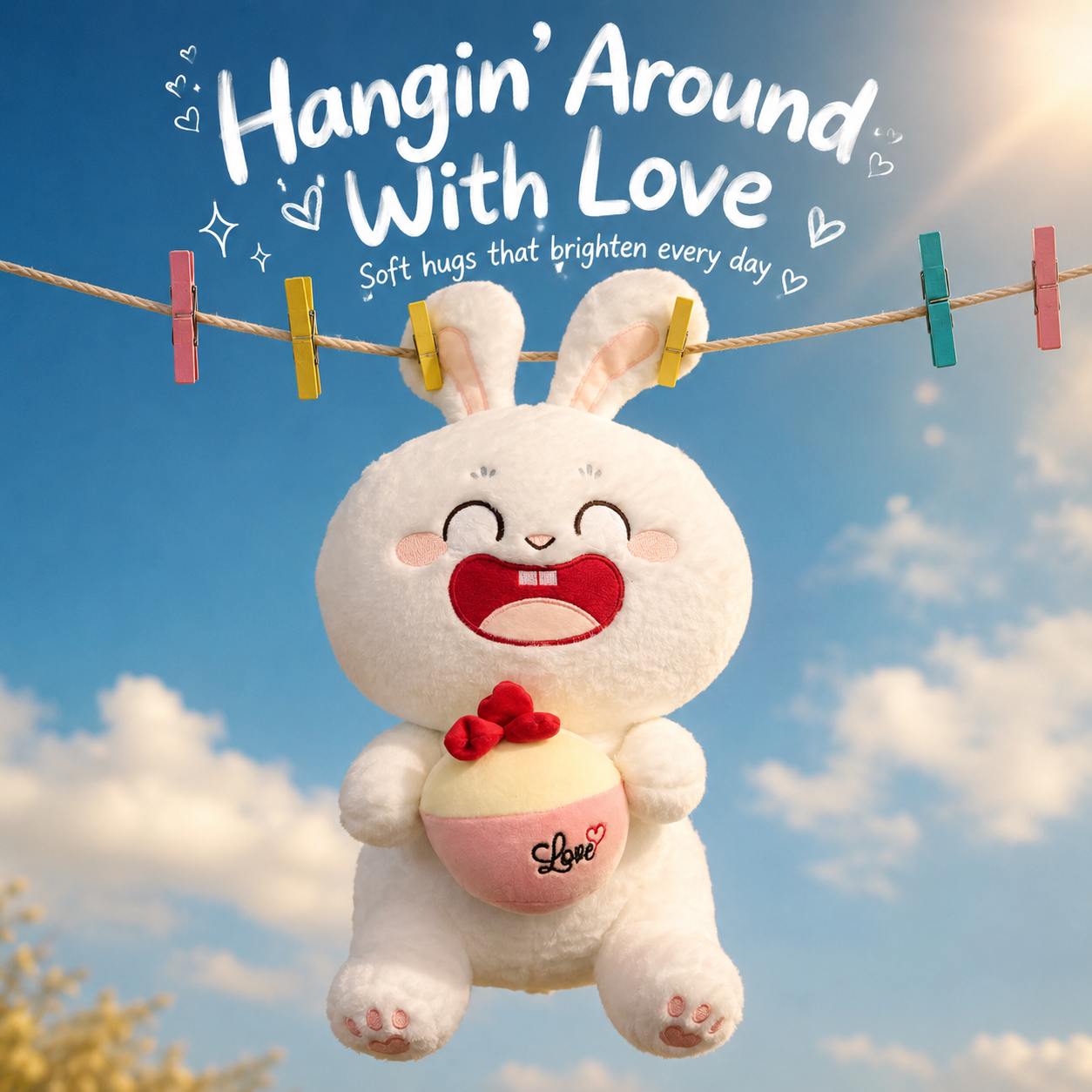 Plush bunny with a red bow hanging on a clothesline against a blue sky.