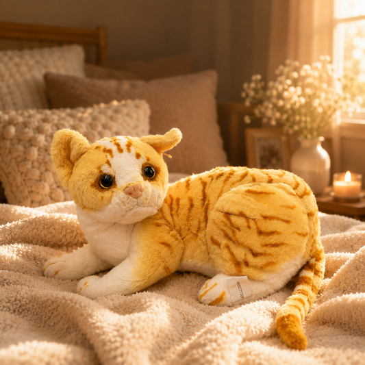 Plush cat toy on a bed with soft lighting