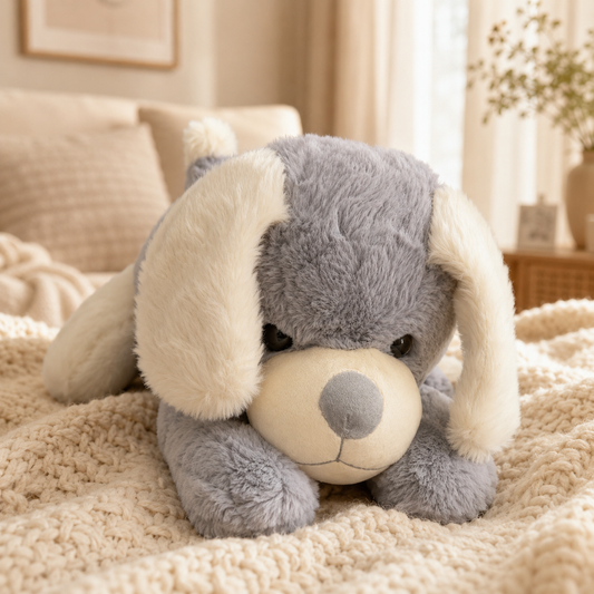Plush dog toy with gray and white fur on a soft surface