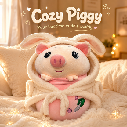 Plush pig toy with a pink hat on a cozy bed wrapped in a soft towel