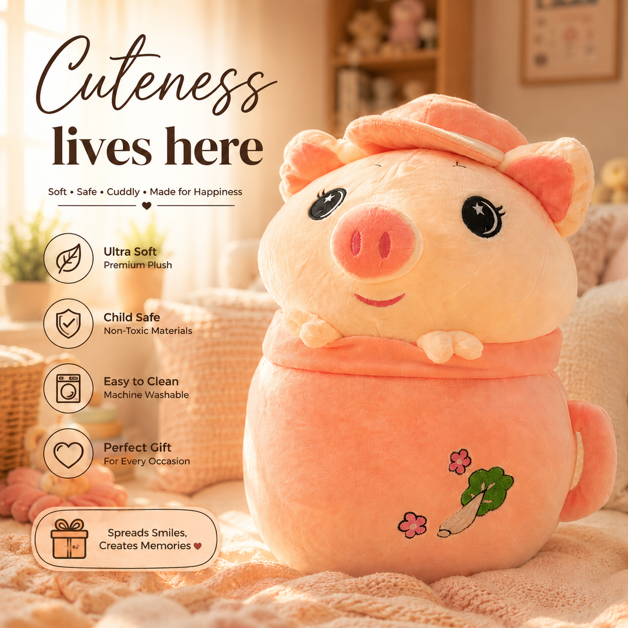 Plush pig toy with a pink hat on a soft surface, surrounded by blurred indoor decor.