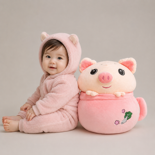 Plush pig toy with a pink hat sitting beside baby on a surface 