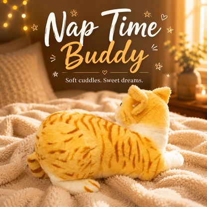 Plush tiger toy on a blanket with 'Nap Time Buddy' text in a cozy room.