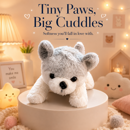 Plush toy dog on a round stand with soft lighting and decorative background