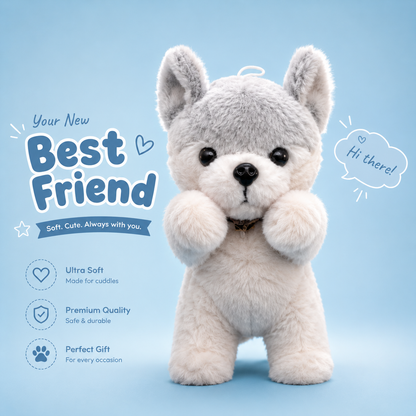Plush toy dog with text on a blue background