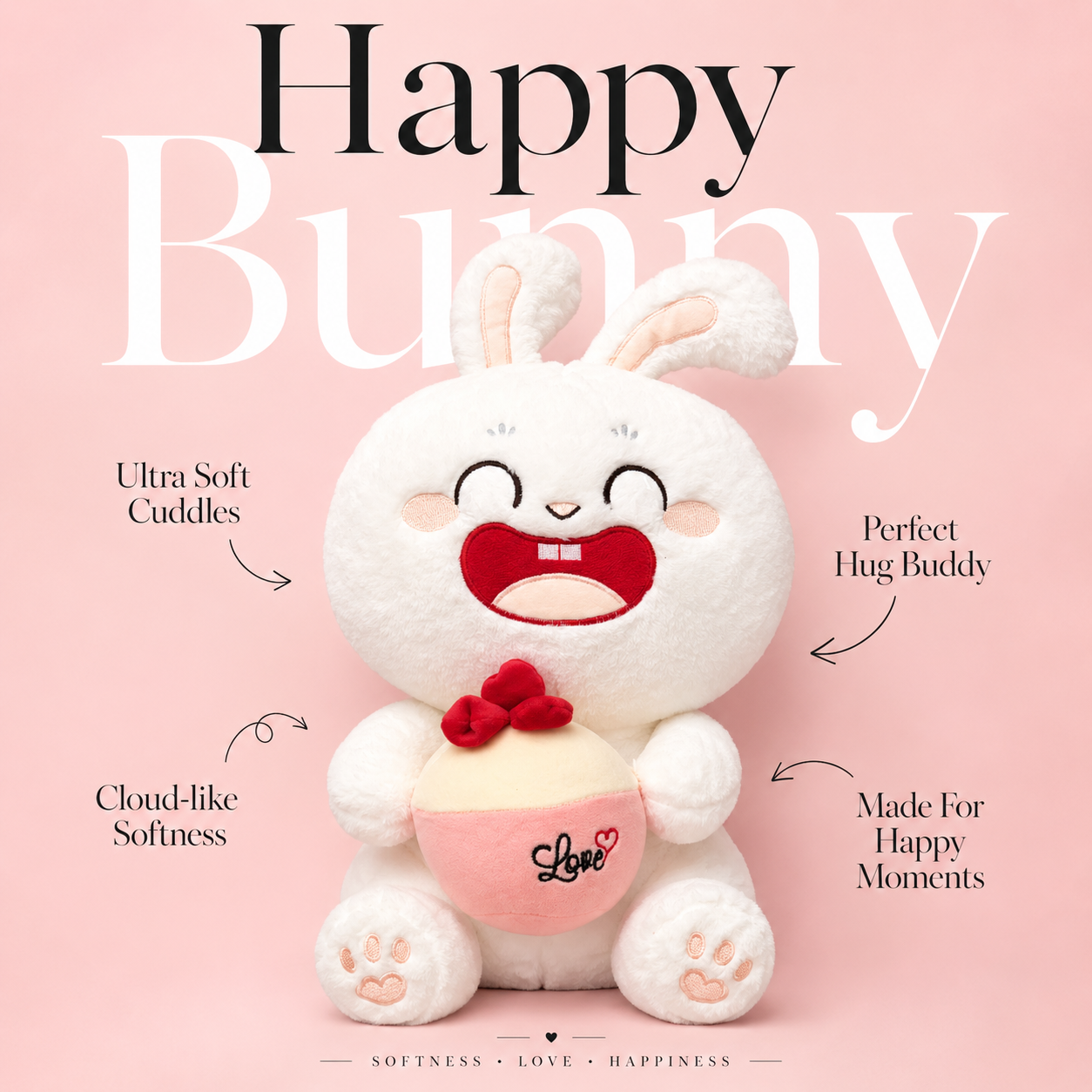 Plush toy rabbit with text on a pink background