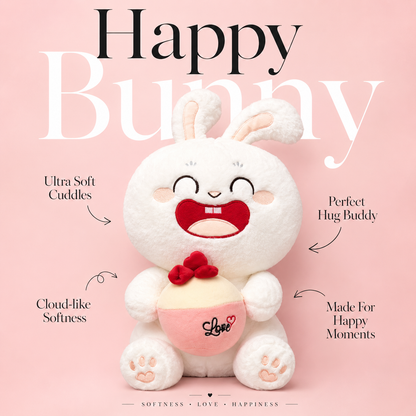 Plush toy rabbit with text on a pink background
