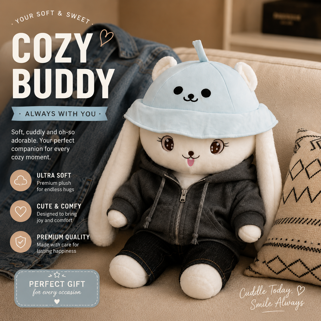 Plush toy resembling a bunny in a hoodie on a couch with promotional text about 'Cozy Buddy'.