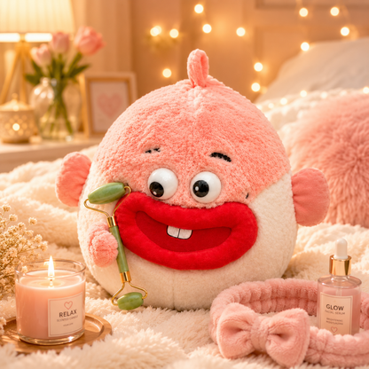 Plush toy with a face, roller, and candles on a soft surface with a warm background.