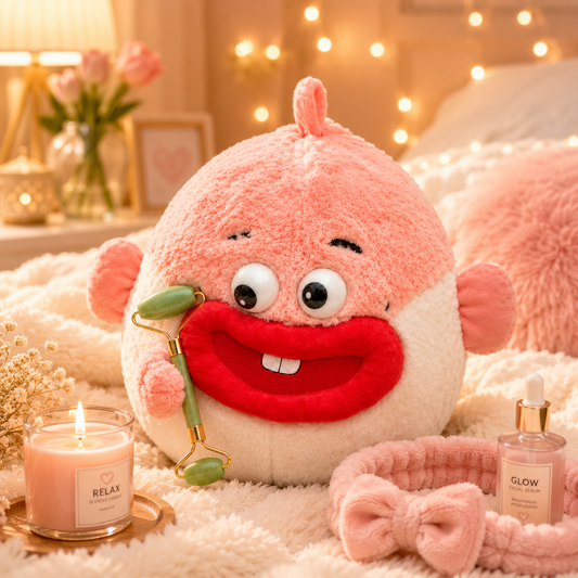 Plush toy with a face, roller, and candles on a soft surface with a warm background.
