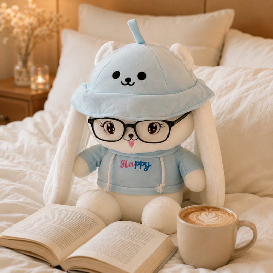 Plush toy with a hat and glasses sitting on a bed with a book and coffee cup.