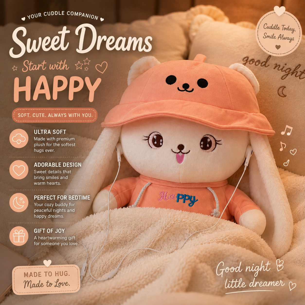 Plush toy with a hat and outfit, surrounded by soft textures and text about cuddling companions.