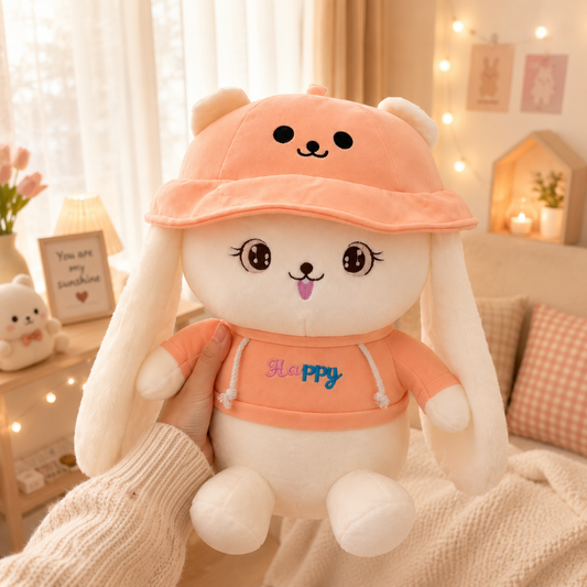 Plush toy with a peach-colored hat and shirt in a cozy room setting