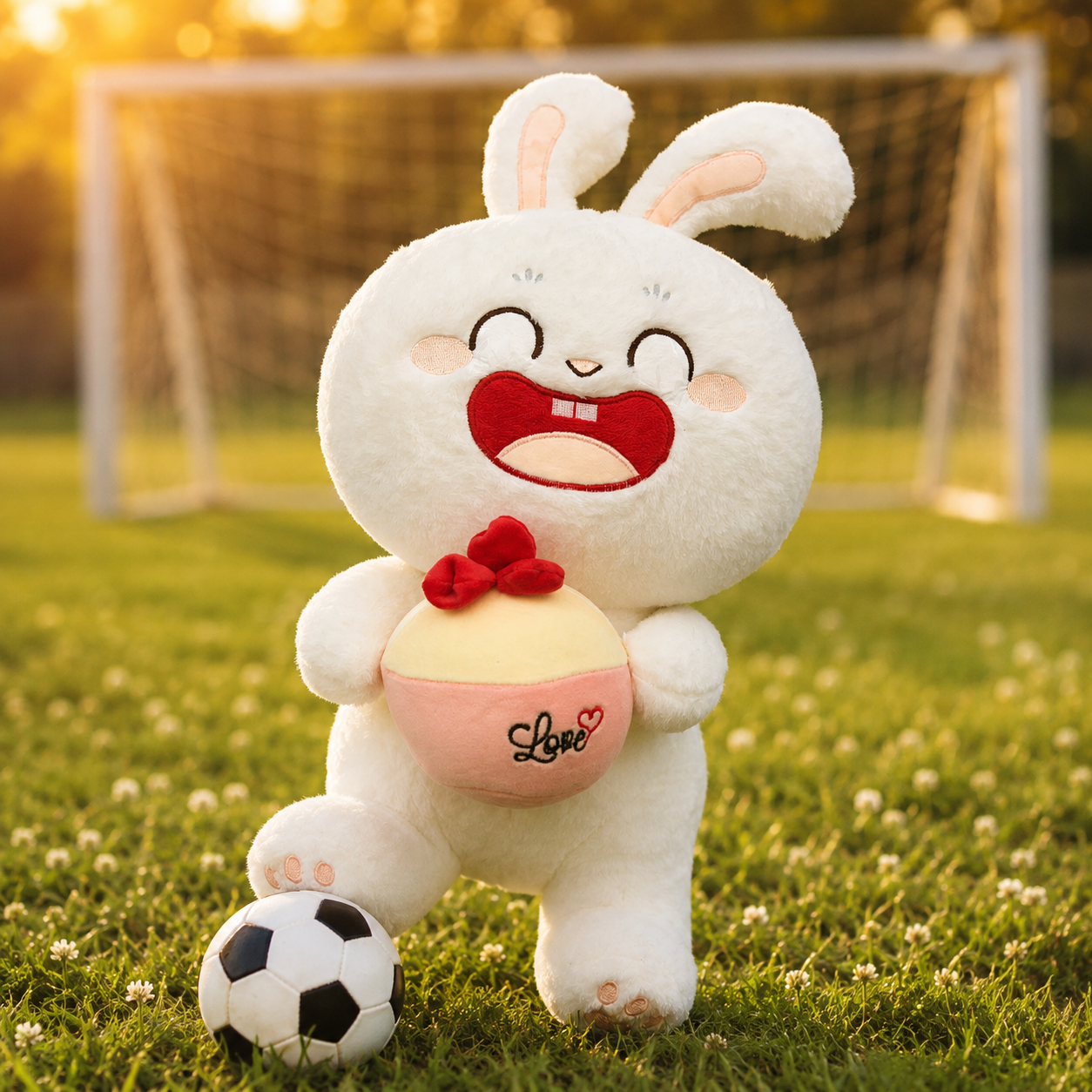 Plush toy with bunny ears holding a soccer ball on a grassy field with a goalpost in the background.