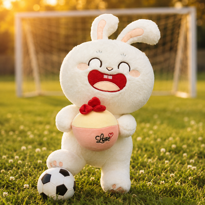 Plush toy with bunny ears holding a soccer ball on a grassy field with a goalpost in the background.