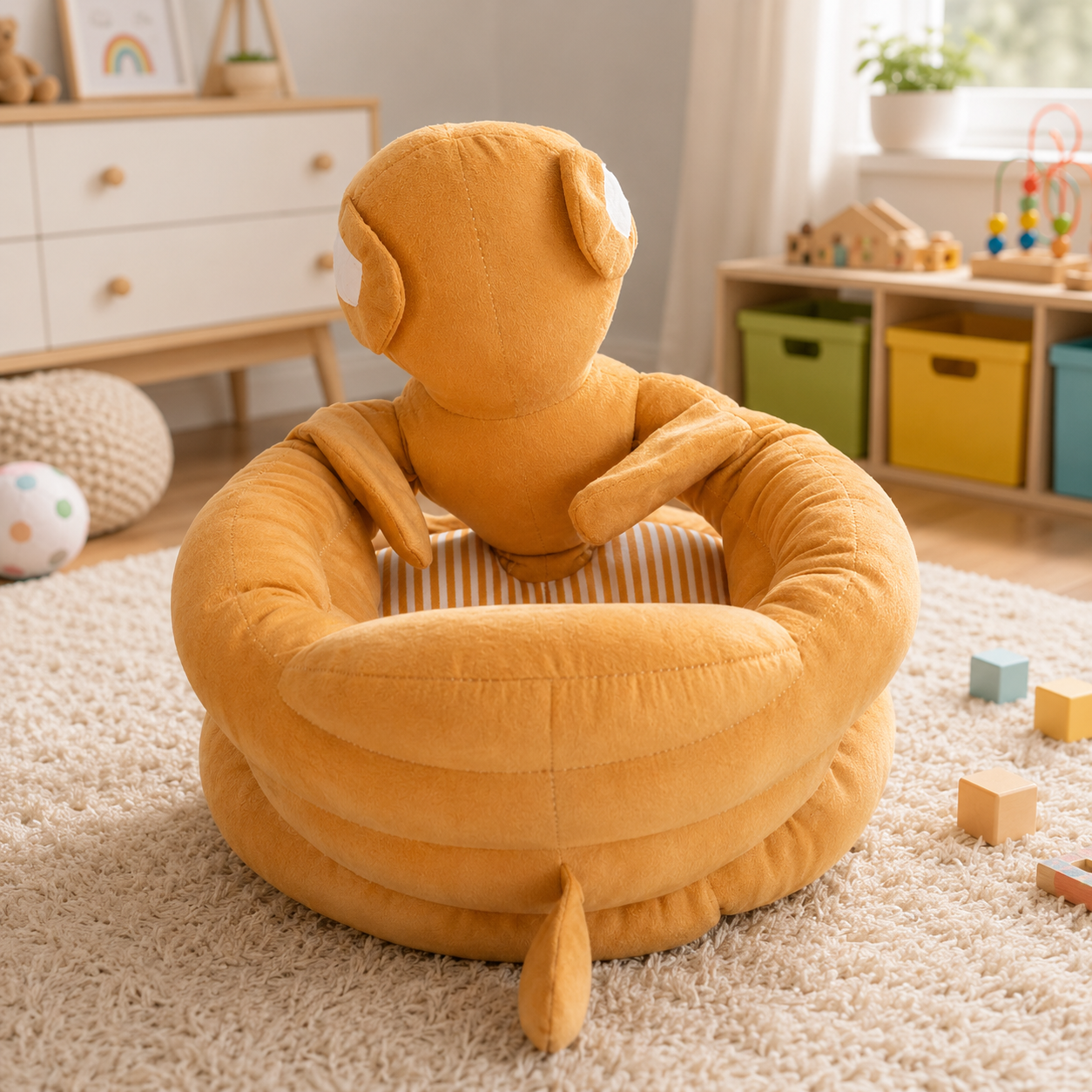 Yellow plush dog-shaped chair in a child's room with toys and furniture.